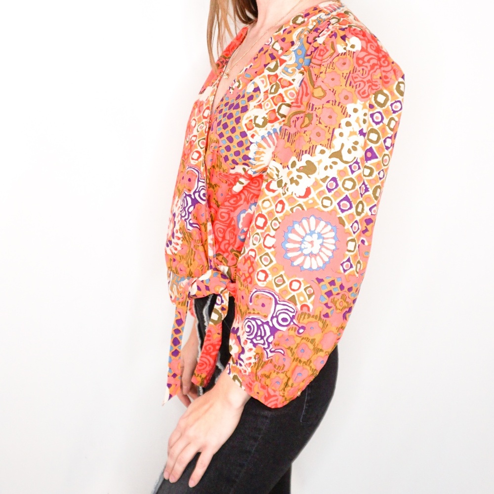 J. CREW Cotton Wrap Paisley Top Red Long Sleeve - Picture 4 of 7